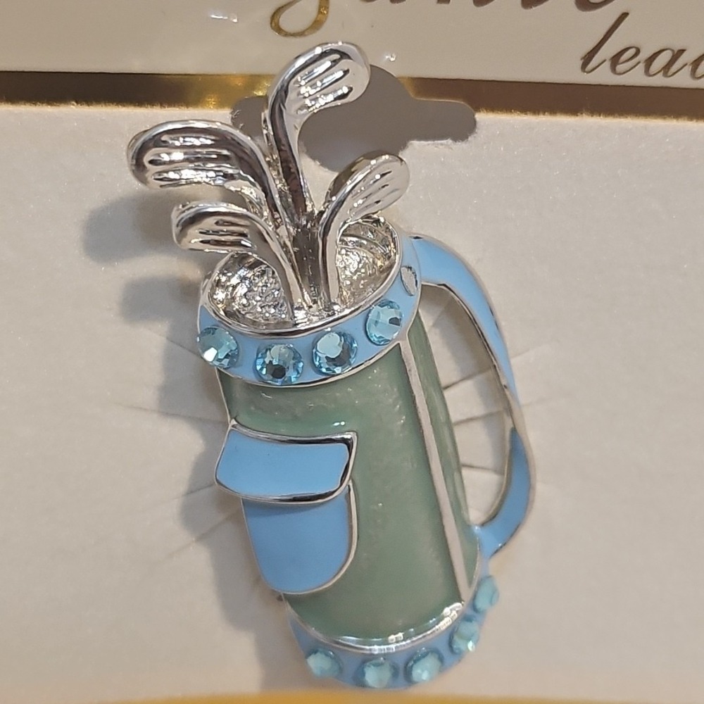 Elegante Blue Golf Bag Pin Brooch Silver Tone Enamel Rhinestone Lead Free NEW - Picture 2 of 4
